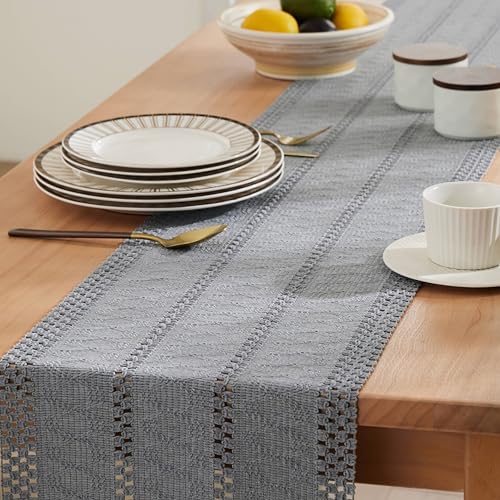 Image of ZeeMart Macrame Style Boho Table Runner, 12x36 Inch Light Blue Grey | Woven Boho Table Runner with Handmade Tassels, Crochet Hollow Table Scarf, Farmhouse Kitchen Home Decor Dresser Runner