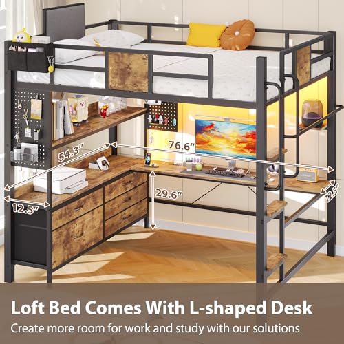 Image of Dnxao Full Loft Bed with Desk and 5 Storage Drawers, 800lb Capacity Heavy Duty Metal Bed Frame for Adults & Teens, LED Lights, Charging Station, Pegboard & Shelves, Rustic Brown