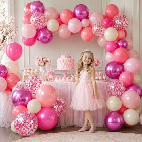Image of Shades of Pink Balloons 12 Inch, Hot Pearl Light Pastel Baby Dark Bright Pink Sand Latex Balloons with Metallic Magenta Pink Confetti Balloon for Princess Theme Birthday Wedding Bridal Shower Party