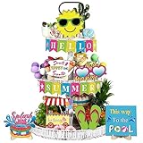 22 Pcs Summer Tiered Tray Decor Set Summer Home Decor Hello Summer Tiered Tray Decorations Hawaii Tier Tray Decor Mini Beach Wood Sign Summer Decorations for Home Table Kitchen Shelf Decor