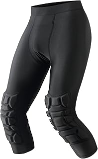 Men Basketball Leggings with Knee Pads, 3/4 Padded Compression Pants with Cup Pocket