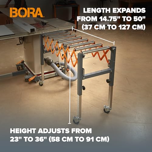 Bora Portamate Adjustable Conveyor Roller Stand Infeed / Outfeed Support Expandable Gravity Conveyor 300 lbs. Weight Capacity Locking Swivel Castor Wheels PM-2700