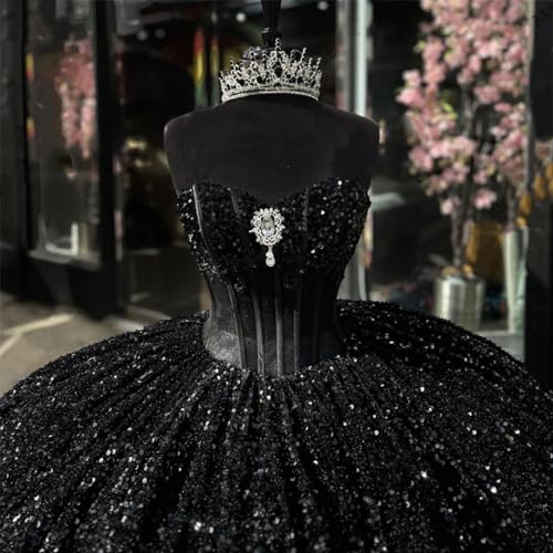 Mouccy Sparkly Sequin Quinceanera Dresses with Train Strapless Sweet 16 Dresses Glitter Beaded Long Ball Gowns with Bow3