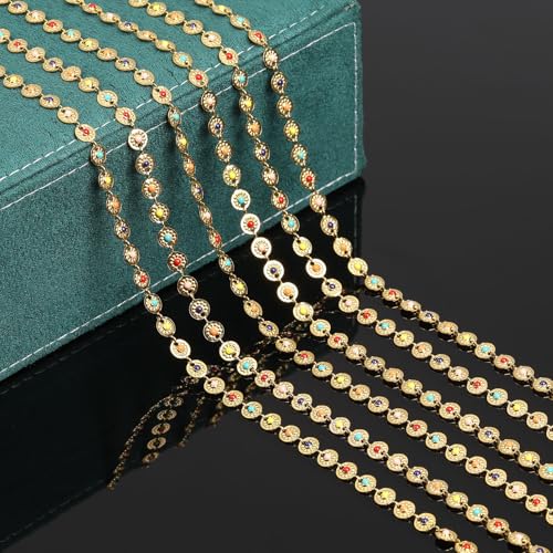 UMAOKANG 9.8 Feet Gold Plated Stainless Steel Chains for Jewelry Making Colorful Enamel Sunflower Decorative Craft Chain Roll