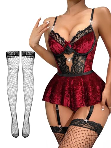 Image of Lilosy Sexy Lingerie Set 3 Piece Women Corset Bodysuit Skirt