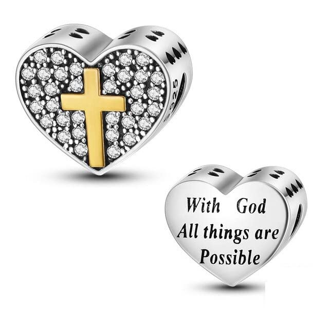 MARJS With God All Things Are Possible Cross I Love You Heart Charm Bead Pendant 925 Sterling Silver Dangle Compatible With Pandora Charm Bracelet