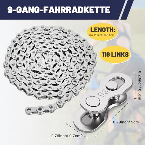 Wicbb 9-fach Fahrradkette 116 Glieder Mit Kettenschloss: 9 Speed Fahrrad Kette Silber 116 Kettenglieder für Mountainbike Sportbike langlebige Bicycle Chain kompatibel mit verschiedenen Fahrradtypen