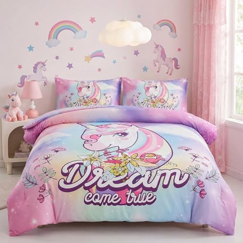 Unicorn Bedding Full,Teen Girl Comforter Sets Full,Unicorn Comforter Set,Girls Room Decor with 2 Pillowcases,Full Size Bedding Set for Girls