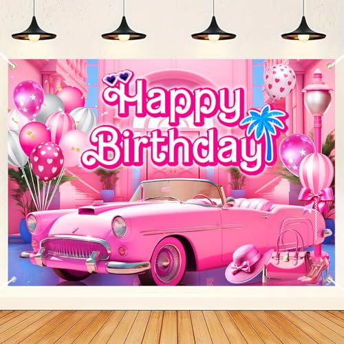 HANYING Hot Pink Classic Car Birthday Backdrop Pink Princess Party Decorations for Kids Girls Women Fashion Birthday Party Photo Background Portrait Studio Props 7x5ft HY072YL
