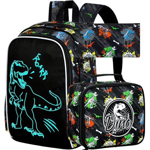 FTJCF 3Pcs Glow in The Dark Dinosaur Backpack for Boys, 17