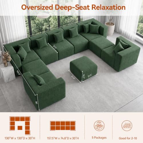 Image of MONVANE 158 inch U-Shaped 10 Seat Modular Sectional Cloud Couch, Forest Green | Sectional Couches for Living Room, High Supportive Backrests, Movable Ottomans, Deep Seat, No Assembly Required