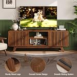 ONBRILL 63-Inch TV Stand for TVs up to 75 Inch, Mid-Century Modern Television Stand with Power Outlet, Entertainment Center with Sliding Grille Door Cabinets and Open Shelves for Living Room, Walnut