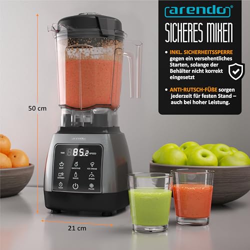 Arendo – 2000 Watt Hochleistungsmixer - 24.000 U/min - Standmixer mit Touchpanel – 9 Geschwindigkeitsstufen – Pulsfunktion – 5 Automatikprogramme – Mixer mit Display – 6 Messer aus Edelstahl