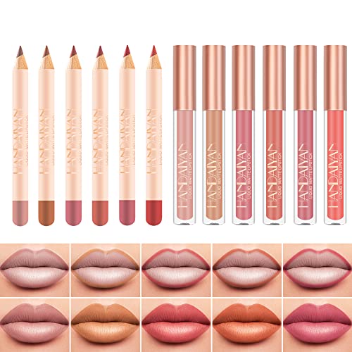 Easilydays Matte Lip Liner Pen And Velvet Lipstick Set, 12 Colors Lip Stain Long Lasting Waterproof, Non-Drying, Non Fading, Non-Stick Cup Lip Gloss High Pigment Red Peach Pink Apricot Amber Lip Gloss For Women Girls Lip Makeup (#08) #TOP7