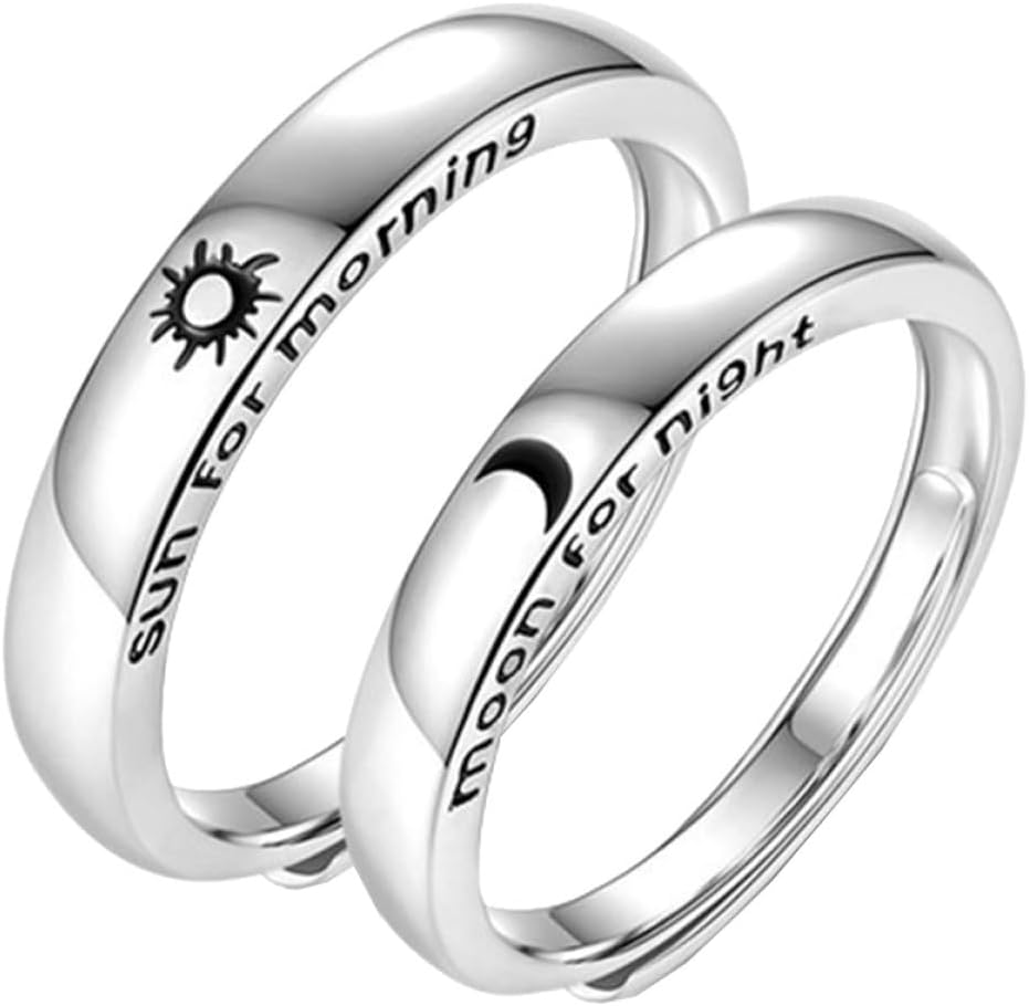 2pcs Adjustable Silver Couple Rings Set with Sun, Moon, Star Letter Design, Creative Decorative Finger Bands for Women and Men, Wedding and Daily Wear Jewelry