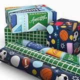 Hallmark Sports Wrapping Paper Mini Rolls, 3-Pack (Pennants, Green Grid, Basketball, Baseball, Football) for...
