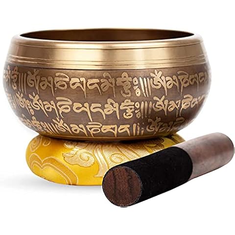 Large Tibetan Singing bowl Set - Bronze Style - Easy To Play - 5" Sound Yoga Bowl Mantra Design Mindfulness Meditation Healing Sound Gift By Himalayan Bazaar Cover