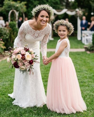 Image of 2Bunnies Girl Peony Lace Back A-Line Straight Tutu Tulle Party Flower Girl Dress