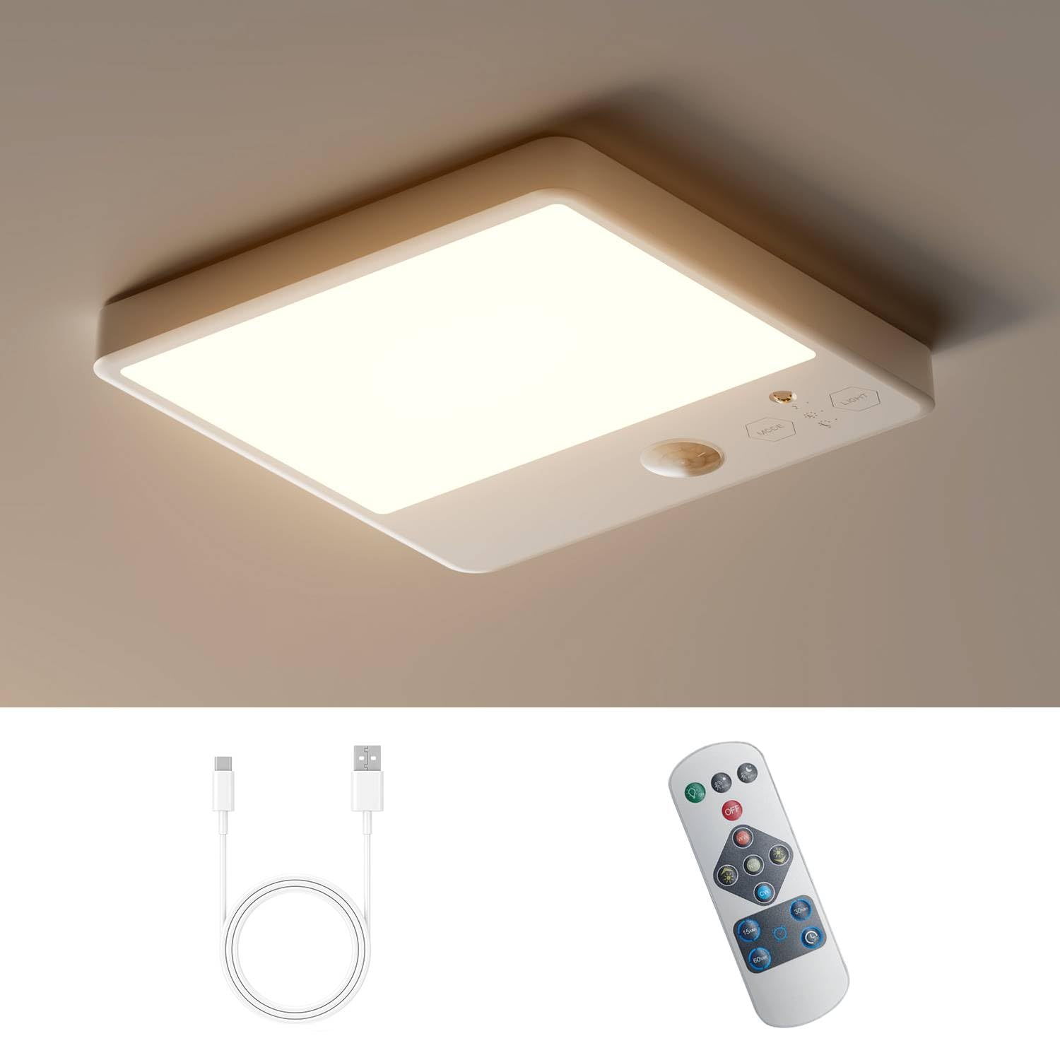Epochglo Battery Operated Lamp with Motion Sensor, Rechargeable, Dimmable, LED Ceiling Light without Cables, Ceiling Light for Bathroom/Kitchen/Hallway, Square 16 x 16 cm, White