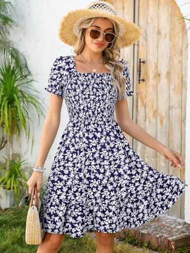 Image of Lyrur Women's Short Sleeve Summer Dresses 2026 Spring Casual Square Neck Easter Dress A-Line Tiered Sundress with Pockets