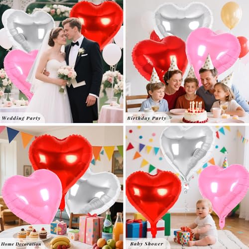 Image of 6 Pcs 32 Inch Red Pink Silver Heart Balloons, Giant Heart Shape Foil Balloons Love Balloon Valentine Balloon for Birthday Party Wedding Engagement Party Baby Shower Valentine Day Decorations