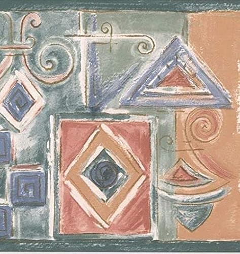 CONCORD WALLCOVERINGS ™ Abstract Geometric Wallpaper Border, 7" x 15' Muted Blue Green & Terracotta Orange, Southwestern Geometric Design, Prepasted Washable Vinyl for Living Rooms #TE1030B