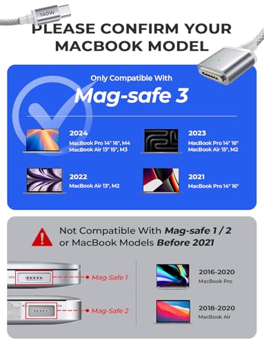 LISEN USB-C to Magnetic 3 Cable (6.6FT,Space Gray) Fit for MacBook Air Charger Mag-Safe Gen 3 Port, 140W Magnetic Safe 3 Cable Fit for 2024 MacBook Pro 14â 16" M4, 2023 MacBook Air 13â 15" M3 & More - Image 3