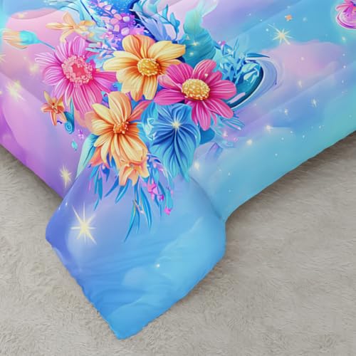 Image of AILONEN Full Sparkle Initial A Comforter Set, Rainbow Floral Butterfly Bedding, Pastel Cloud Decor, Glitter Look Microfiber Teens Gamer Cool Room