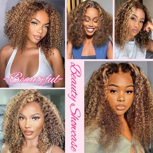 Image of SOEZ 12 Inch Highlight Ombre Bob Wig Human Hair 13x4 Deep Wave Lace Front Wigs Human Hair Honey Blonde Short Curly Bob Wig 4 /27 Water Wave Human Hair Wig 180% Density Wet Wavy Colored Wig for Women