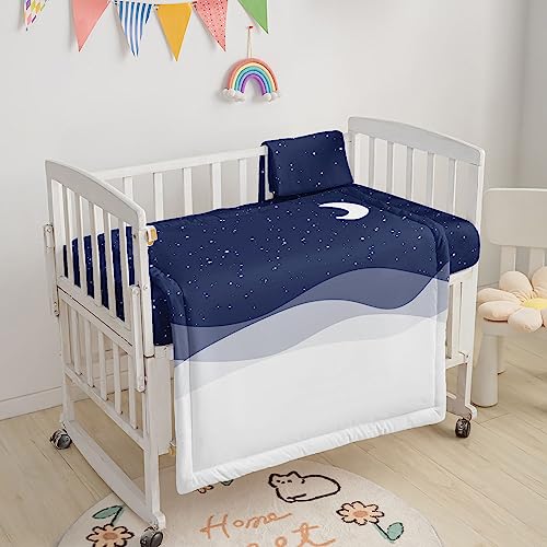 Image of Crib Bedding Set,3-Pcs Nursery Crib Bedding With Comforter, Sheet & Skirt,Blue Starry Sky Moon Printed Bedding for Baby Boys & Girls (Blue Moon)