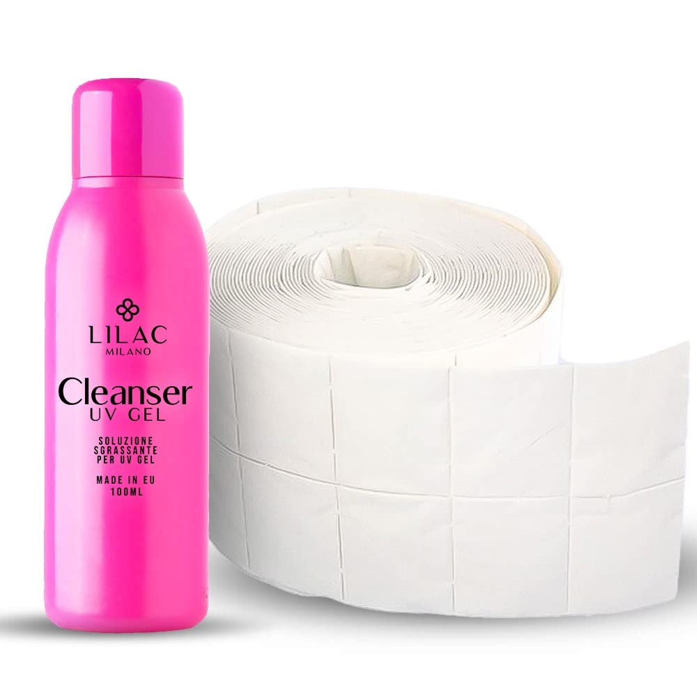 Lilac - CLEANER e PADS Per Smalto Semipermanente, Cleanser Sgrassatore 100 ml di alta qualità per Manicure e Pedicure, Pads 500 Pezzi di 100% Pura Cellulosa. Made In EU