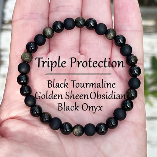 Black Onyx Tourmaline Bracelets for Women Men Triple Protection Obsidian Hematite Natural Crystal Elastic Adjustable Handmade Yoga Beads Bracelet Lucky Feng Shui Jewelry Spiritual Gift2