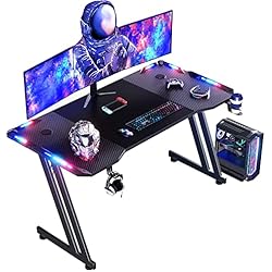 Auriculares Gamer Led HLONONE 120 × 60cm LED Mesa Gaming, Escritorio Gaming de Fibra de Carbono Ergonómicas, Escritorio Gamer con Portavasos y Gancho para Auriculares, Negro