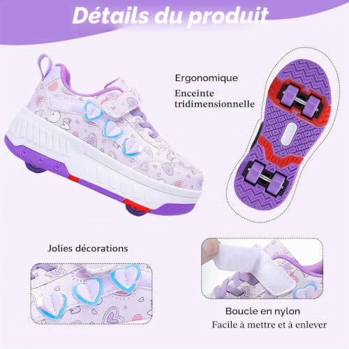 Hearda Chaussure a Roulette Fille Garcon, 2 en 1 Mode Chaussures a roulettes Retractable Enfants avec 4 Basket Roller, Extérieur Réglables Filles Roller pour Violet-Rose – vue 5