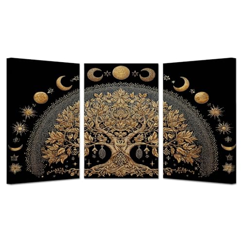Arbre d'or de vie sur toile moderne encadrée 50x70cmx3 décoration murale haut de gamme