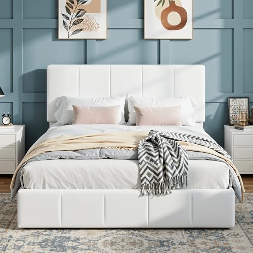 SHA CERLIN Full Size Bed Frame Velvet Upholstered Platform Bed Vertical Channel Tufted Adjustable Headboard Low Profile Bed Frame No Box Spring Needed Easy Assembly White