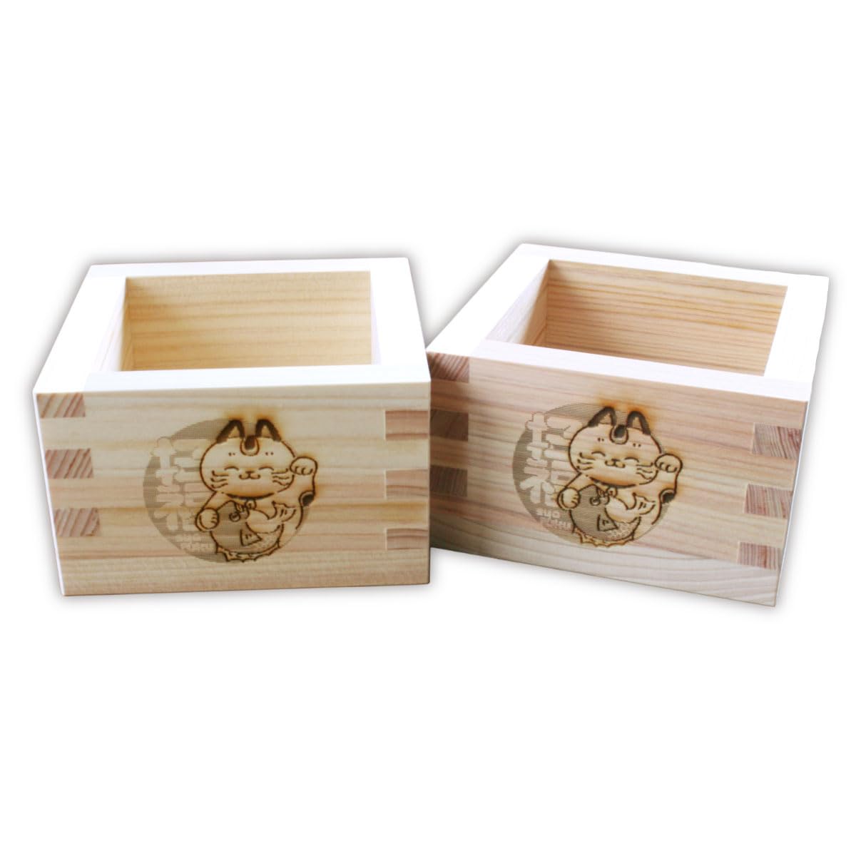 TOKYO ART Japanese Wooden Sake Masu Cups (Set of 2) with Japanese Lucky Artwork, Square Sake Boxes - Crafted from Japanese high-grade cypress wood, Made in Japan (Lucky Cat)