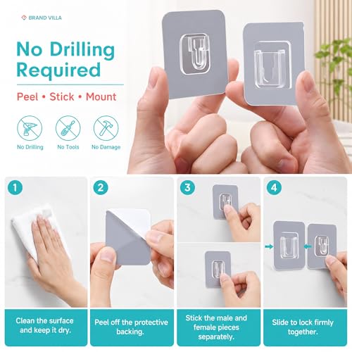 Image of BRAND VILLA Self Adhesive Male Female Wall Mount Holder for WiFi Router Remote Control Extension Board | No Drill Double Sided Sticky Wall Hook | Heavy Duty Transparent Bracket | Pack of 10