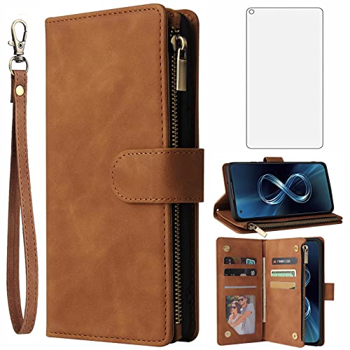 Asuwish Compatible con Asus ZenFone 8 ZS590KS Funda tipo cartera Protector de pantalla de vidrio templado y cubierta de cuero Flip Cover titular de la tarjeta Soporte Accesorios celulares Fundas