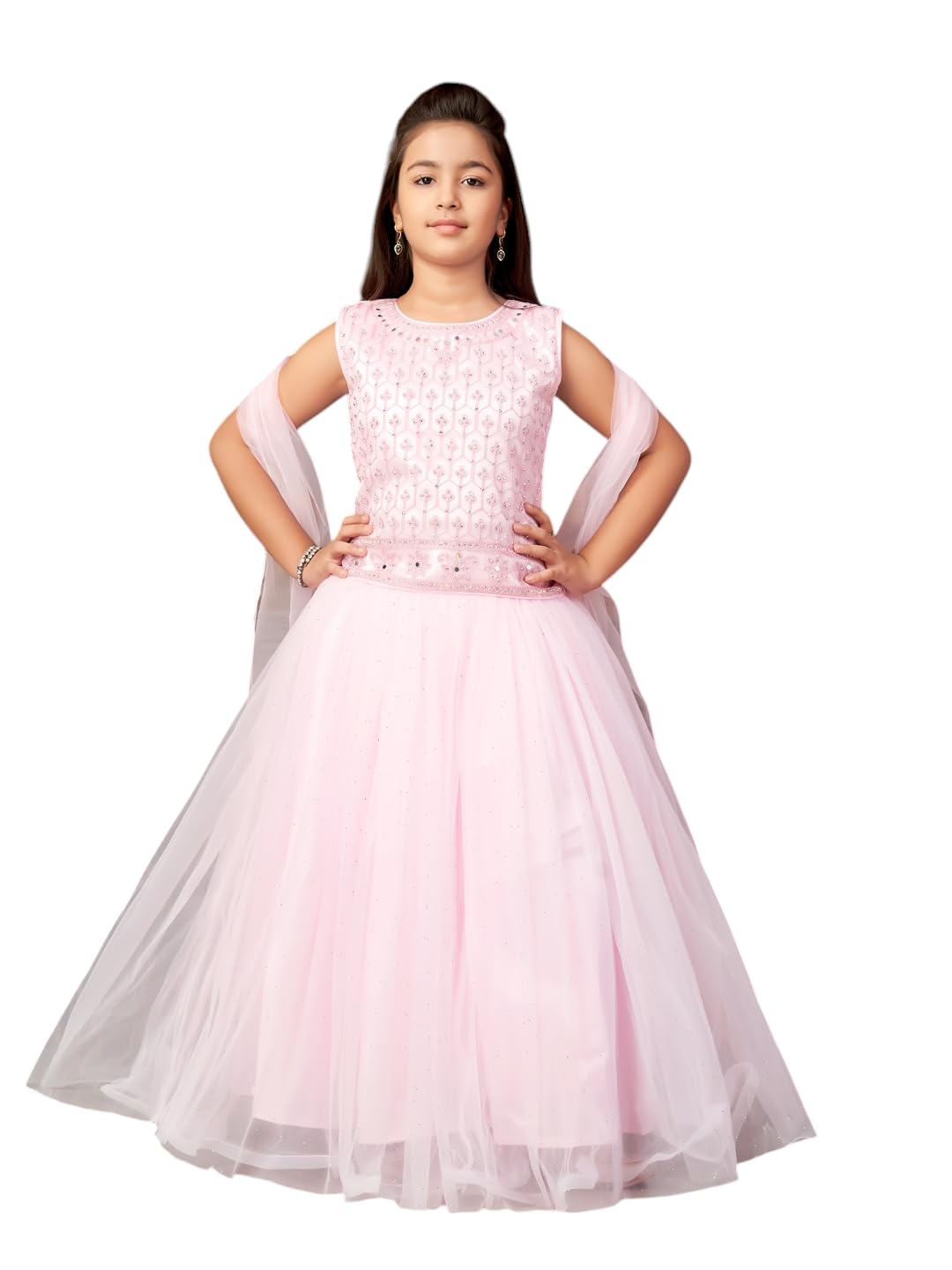 Aarika Girls Ethnic Wear Pink Colour Mirror Embroidery Net Lehenga Choli Set With Dupatta-3-13 Years (Lch-18273)