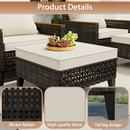 Image of 7 Piece Patio Sectional Sofa Furniture Set, All-Weather Wicker Rattan Outdoor Conversation Set with High Back and Thick Cushions, for Garden, Porch, Poolside, Beige