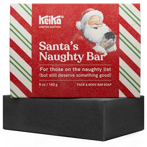 Image of Keika Charcoal Christmas Soap - Santa's Naughty Bar, Lump of Coal Holiday Gift Idea Stocking Stuffer for Men Women Teens, Natural Black Soap for Eczema, Psoriasis, Oily Skin, 5 oz.