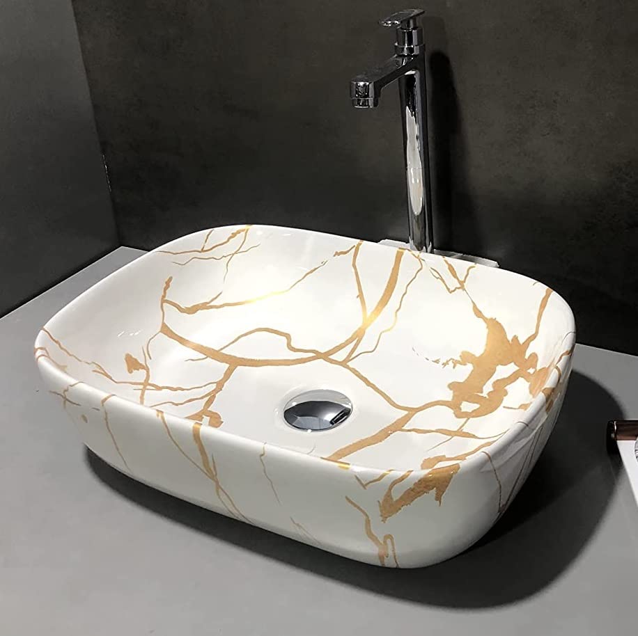 Zoyo Cera Premium Designer Table Top Ceramic Wash Basin Vessel Sink with Slim Rim | Beautiful Rectangle Shape Wash Basin (Designer GFold Glossy Wash Basin, 18 x 13 x 5 Inch) (Gold Glossy Wash Basin) (B0BDDXTHDJ) Amazon Price History, Amazon Price Tracker