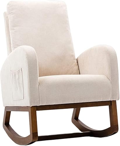 Mecedora para guardería, sillón tapizado de tela, asiento acolchado de madera con 2 bolsillos laterales, silla de lactancia con patas de madera de