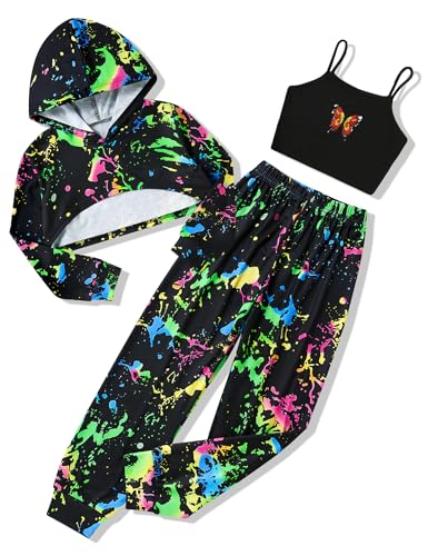 Image of Gaupafmb Girls Clothes 3PC Tie-dye with Butterfly Print Hoodie Sweatshirt Butterfly Print Cami Tops Sweatpants Girls