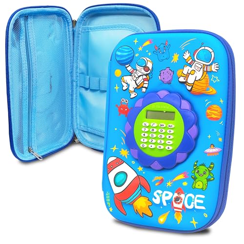 Image of VGRASSP Space Theme Stationery Pencil Case for Kids with Mini Calculator - 3D EVA Zipper Pouch with Multi Storage Compartments - Fun School Stationery Organizer - Multicolor