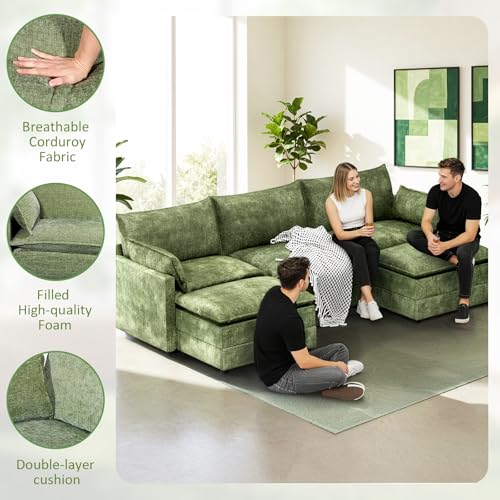Image of LEVELEVE 112.5 inch U-Shape Modular Sofa with 2 Ottomans, Deep Seat Cloud Convertible Sleeper, 2 Arm Pillows, Comfortable Upholstered Furniture for Living Room Apartment, Green