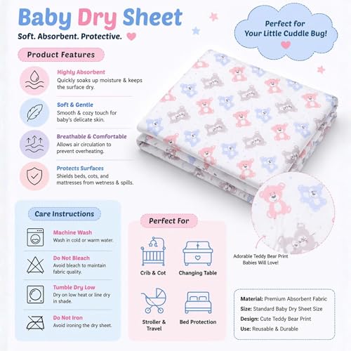 Image of Zikku Printed Dry Sheets for Baby Medium Size Soft |Comfortable |Extra Absorbency|Fast Dry (100x70 cm, White, Teddy Print)