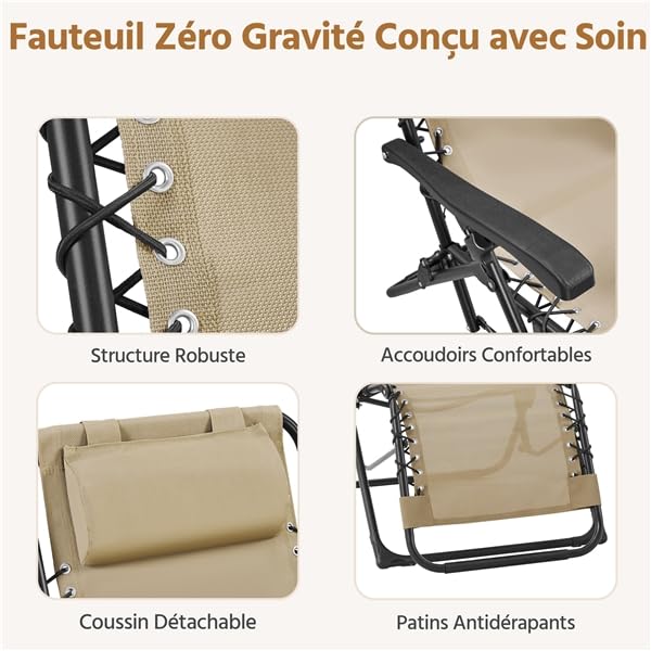 Yaheetech Lot de 2 Chaise Longue inclinable, avec Table Pliable Support de Gobelet, Chaise de Jardin Pliable en Textilène Chaise Longue, avec Rembourrage de Tête, Beige (Beige)