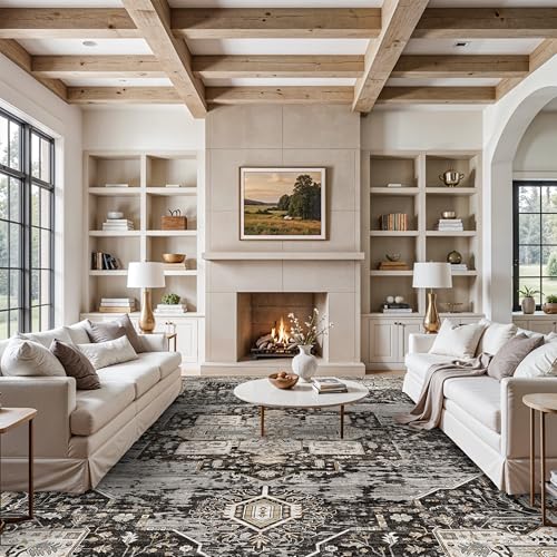 Living Room 12x15 Area Rug - Large Washable Area Rugs with Non Slip Backing Stain Resistant Carpet Indoor Soft Carpets Distressed Decoration Mat for Bedroom Dining Room 12x15 Black